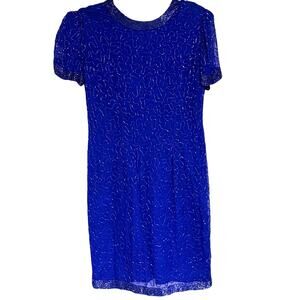 Allure Vintage Silk Beaded Royal Blue Textured Mini Dress 80s 90s